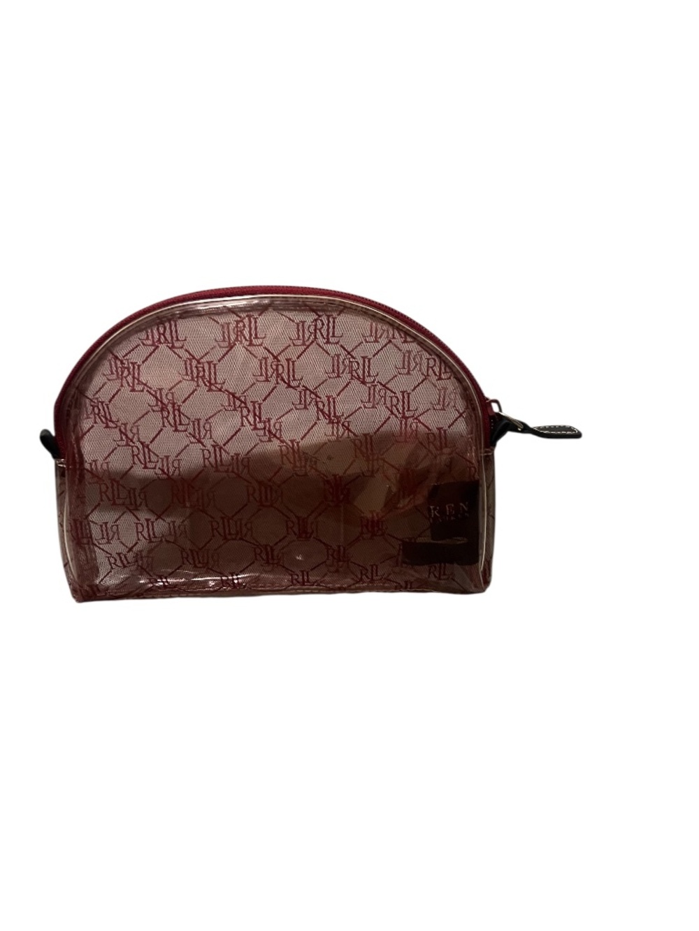 Lauren Ralph Lauren clear cosmetic zip makeup bag featuring a burgundy monogram